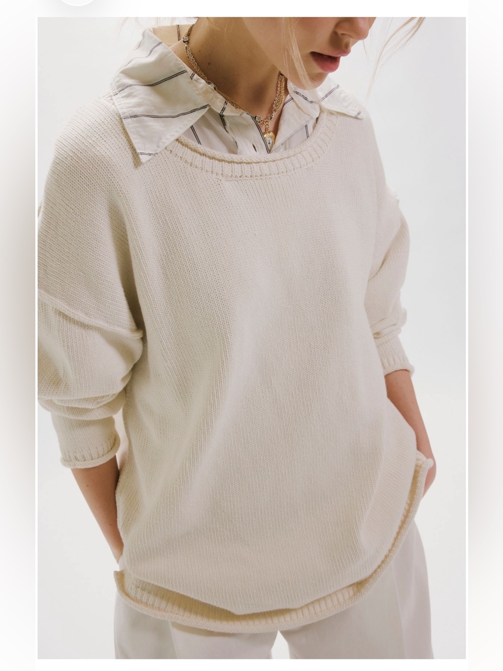 FREE PEOPLE We The Free Ella Roll-Neck Cotton Knit Sweater, Gardenia, Size L